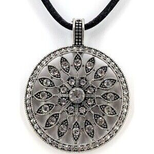 Silver Tone Rhinestone Mandala Necklace Floral Medallion Black Suede Cord 14in